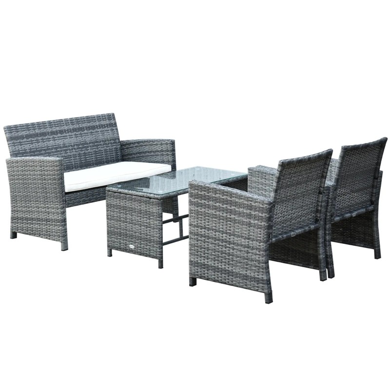 Set Jardín Vitta – Sofá 2 Plazas, 2 Sillones y Mesa Cristal en Ratán Gris
