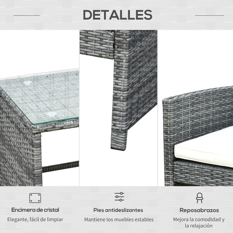 Set Jardín Vitta – Sofá 2 Plazas, 2 Sillones y Mesa Cristal en Ratán Gris
