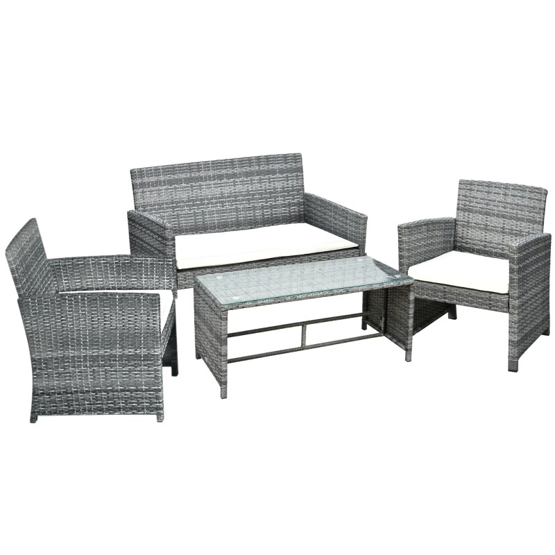 Set Jardín Vitta – Sofá 2 Plazas, 2 Sillones y Mesa Cristal en Ratán Gris