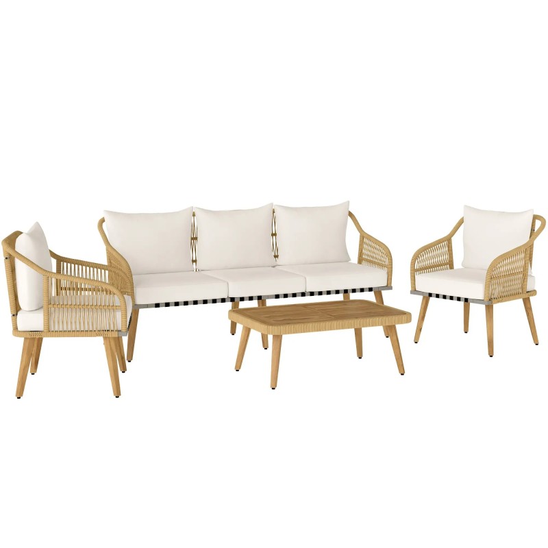 Set Jardín Boho Nalu – Ratán PE, Sofá 3 Plazas, 2 Sillones y Mesa