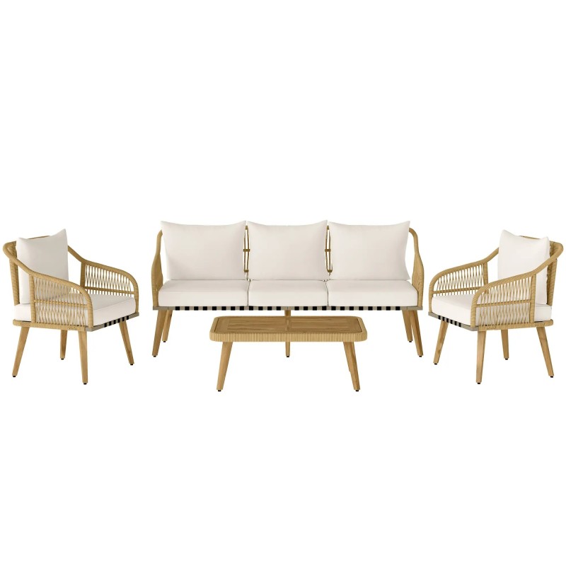 Set Jardín Boho Nalu – Ratán PE, Sofá 3 Plazas, 2 Sillones y Mesa