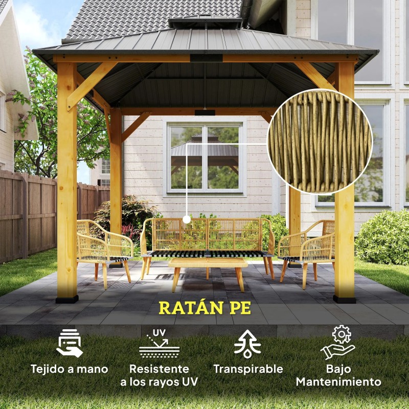 Set Jardín Boho Nalu – Ratán PE, Sofá 3 Plazas, 2 Sillones y Mesa