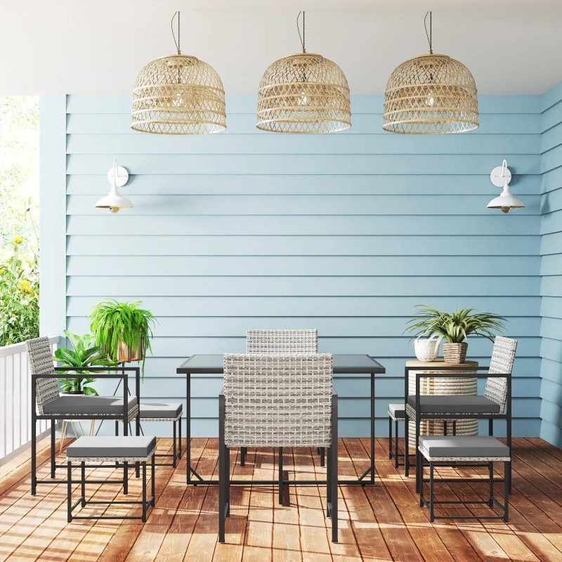 Conjunto de Jardín 9 Piezas con Mesa, Sillas y Taburetes