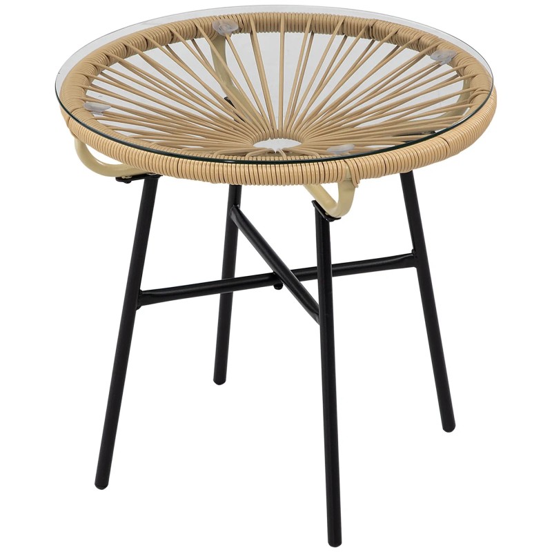 Mesa Auxiliar de Jardín con Cristal y Ratán PE