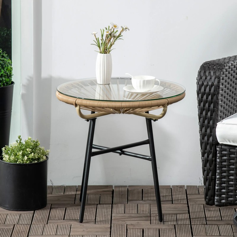 Mesa Auxiliar de Jardín con Cristal y Ratán PE