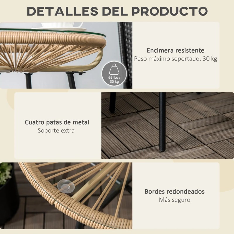 Mesa Auxiliar de Jardín con Cristal y Ratán PE