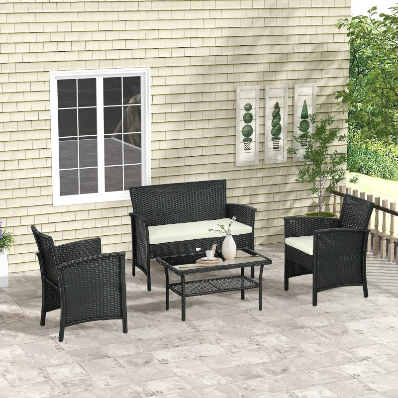 Conjunto de jardín 4 piezas ratán sintético negro con cojines