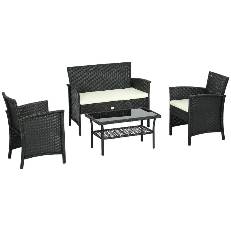 Conjunto de jardín 4 piezas ratán sintético negro con cojines