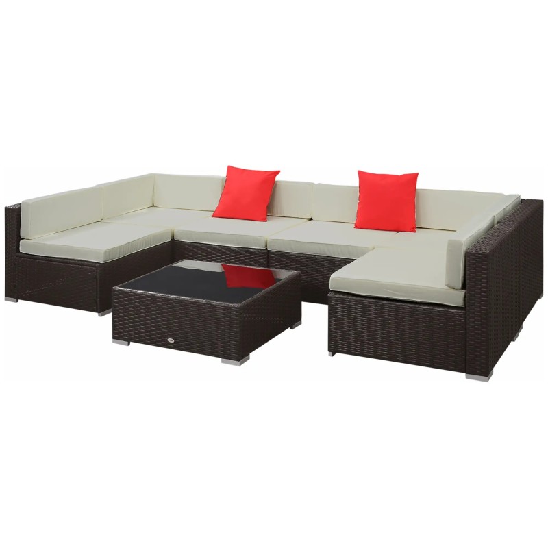 Set Jardín Moka – Sofá Modular 7 Piezas Ratán Marrón y Cojines Crema