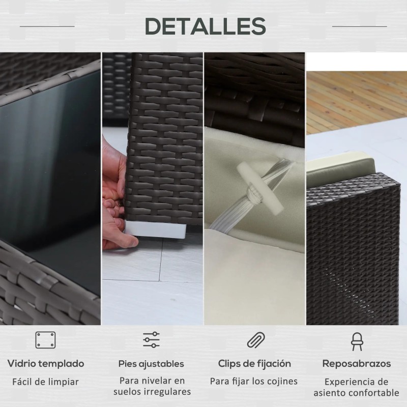 Set Jardín Moka – Sofá Modular 7 Piezas Ratán Marrón y Cojines Crema