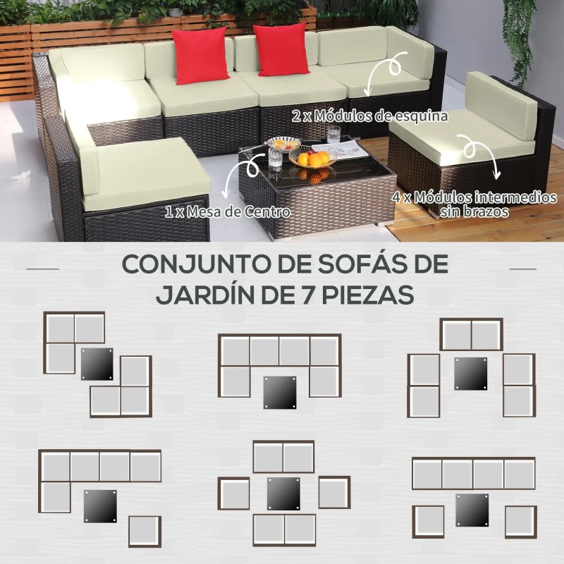 Set Jardín Moka – Sofá Modular 7 Piezas Ratán Marrón y Cojines Crema