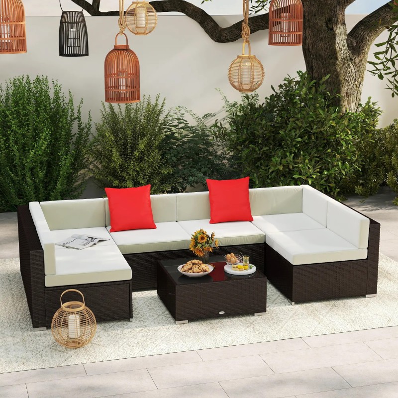 Set Jardín Moka – Sofá Modular 7 Piezas Ratán Marrón y Cojines Crema
