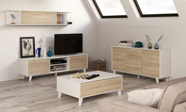 Mueble de Tv con módulo superior color Roble canadian / Blanco brillo