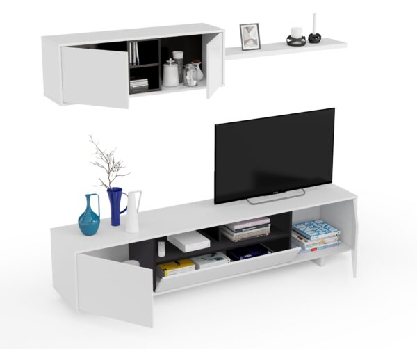 Mueble de Tv con módulo superior con estante color gris antracita/ Blanco Brillo