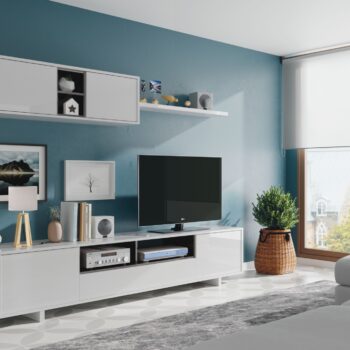 Mueble de Tv con módulo superior con estante color gris antracita/ Blanco Brillo