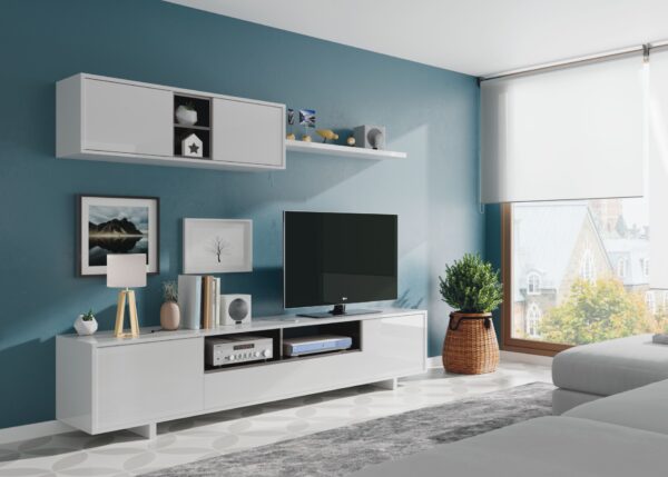 Mueble de Tv con módulo superior con estante color gris antracita/ Blanco Brillo