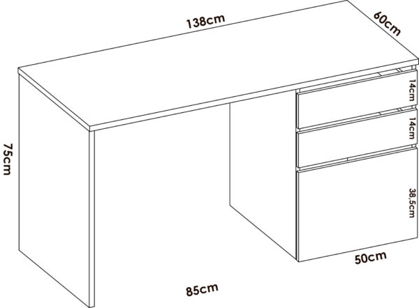 Mesa de escritorio con dos cajones y un espacio cerrado con puerta medidas