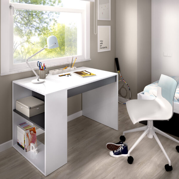 Mesa de escritorio con cajón y zona de estantes al lateral