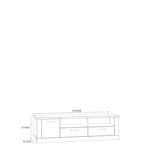 Mueble de TV compuesto por dos huecos, dos cajones y una puerta