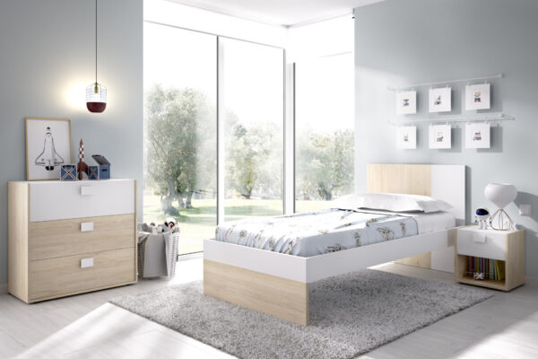 Pack super económico de dormitorio juvenil con cama + mesita + cómoda